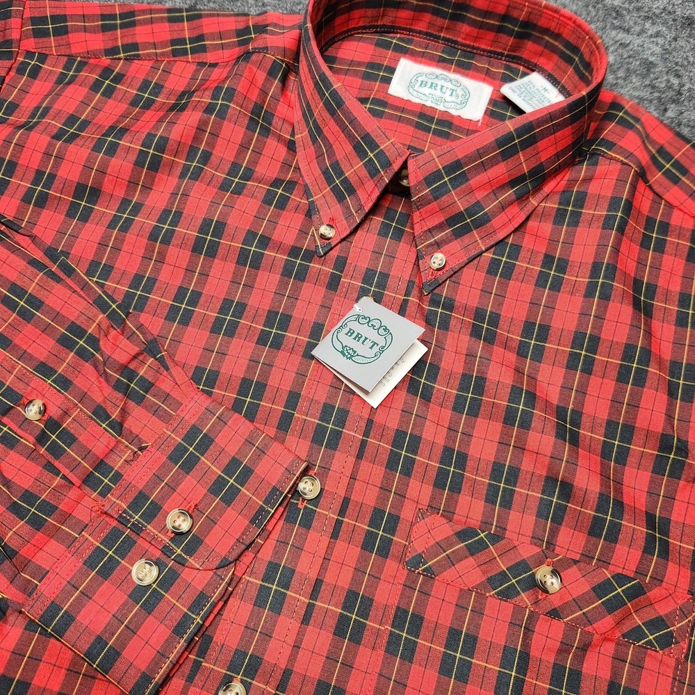 Brut Faberge Fragrance Mens Vintage Red Plaid Button Down Shirt Medium NEW